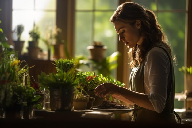 Woman gardening at table in room houseplants at home