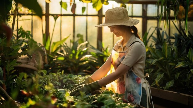 Woman gardner in a greenhouse