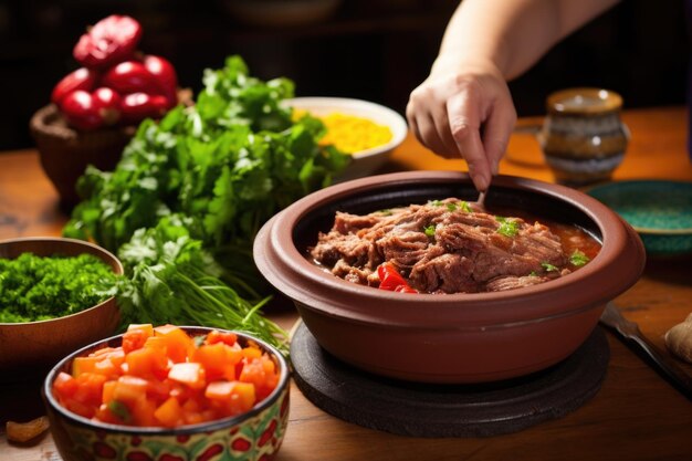 Foto donna che guarnisce la feijoada con verdure fresche