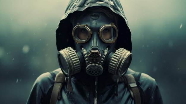 Woman in gas mask environmental disaster apocalypse personal safety concept