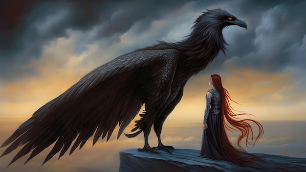 Woman gazes at bird on cliff in dramatic fantasy art style reminiscent of Gerald Brom featured on DeviantArt