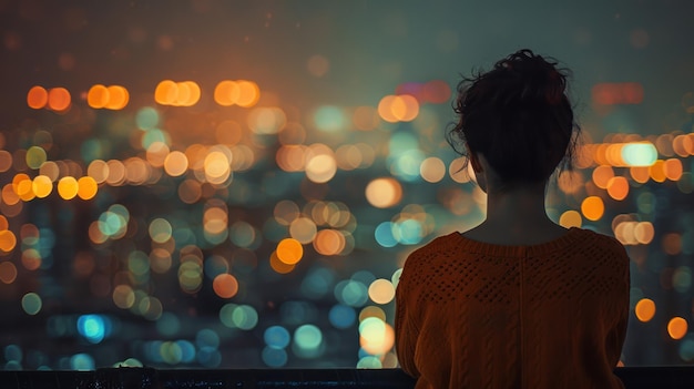 Woman Gazing at the City Night Lights A contemplative woman stands on a balcony her gaze lost in the myriad of shimmering city lights under the night sky