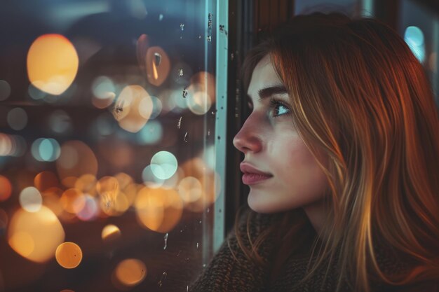 Woman Gazing Out Window at Night Cityscape