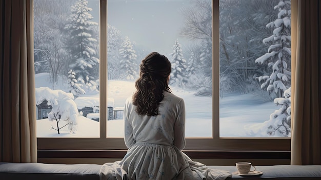 Photo a woman gazing out of a window at a snowcovered outdoor scene the coziness of an indoor space and the contrast with the cold winter landscape beyond the glass