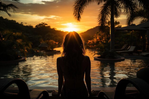 プールからプーケットの夕暮れを眺める女性夏の風景画像