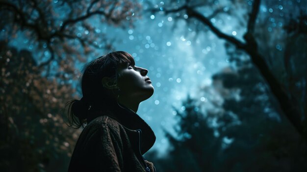 Woman gazing up at a starry night sky through trees