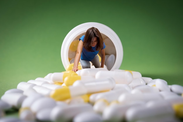 Photo a woman gets out of a medicine jar.