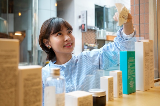 Woman getting the display window of a japanese hairdressers ready