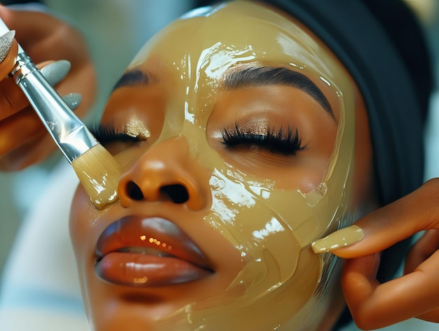 A woman getting a face mask with gold on her face