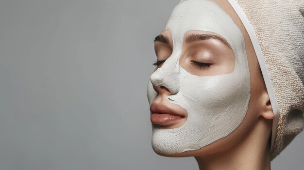 Woman getting facial mask on gray background