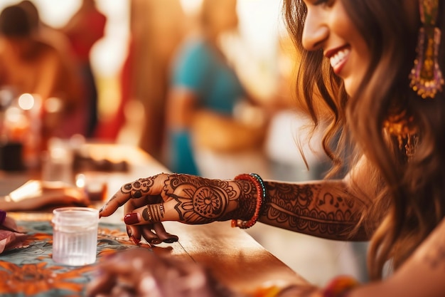 Woman getting a henna tattoo on the beach