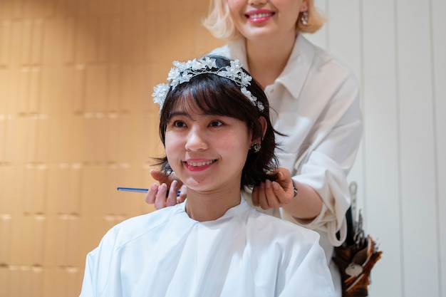 Woman getting her hair done at a japanese hairdressers