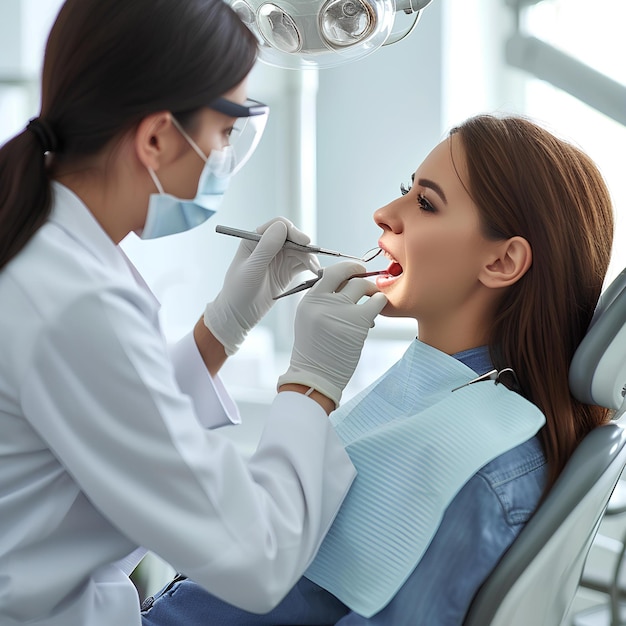 치과의사 에게 치아 를 검사 하는 여자