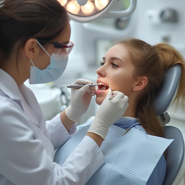 A woman getting her teeth checked by a dentist