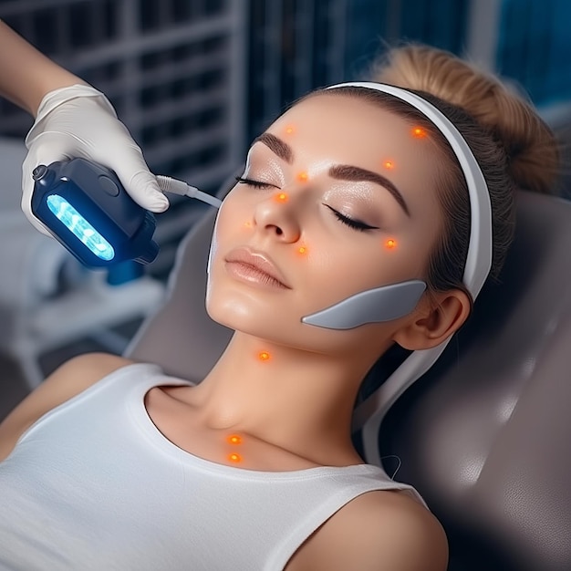 A woman getting a laser treatment in a beauty salon.