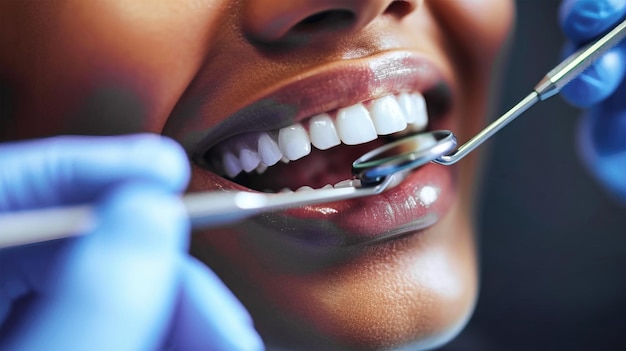 歯医者で歯の検査を受ける女性