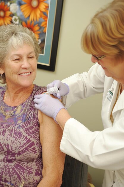 a woman getting a vaccine from a doctor