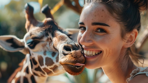 Donna e giraffa si incontrano da vicino nell'habitat naturale interazione gioiosa momento unico della fauna selvatica catturato ecoturismo e affetto per gli animali mostra ai