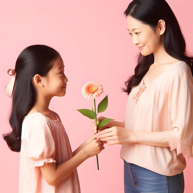 女性と女の子が花を持っています