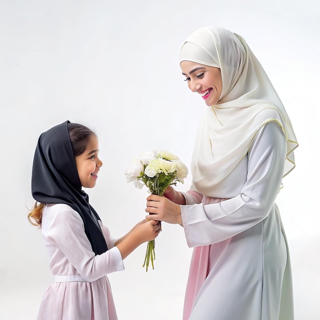 Photo a woman and a girl are holding flowers and smiling happy mother day