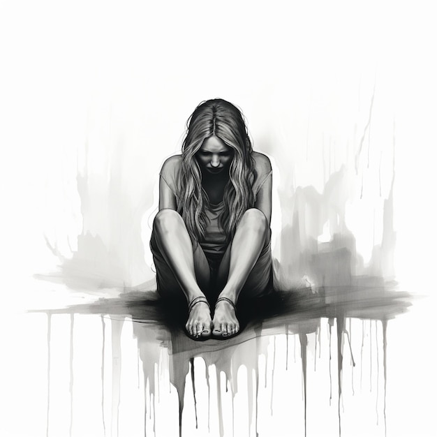женщина девушка депрессия сидит на полу встревоженный испуганный черно-белая иллюстрация