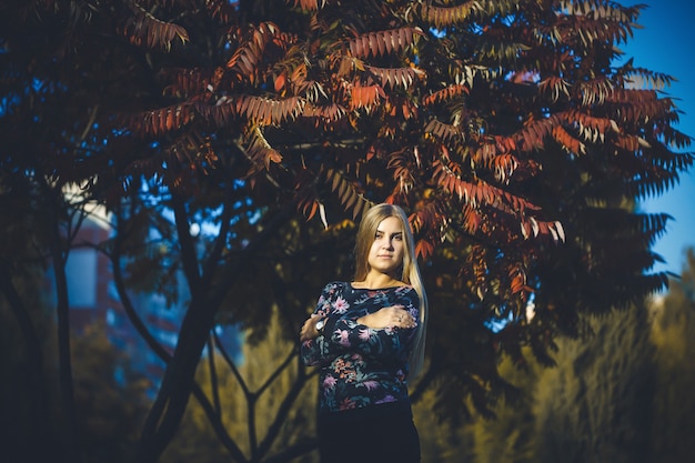 Женщина девушка длинноволосая блондинка в лесу с деревьями с красными листьями. Она довольна уверенной фотосессией. Осенний парк солнечный теплый день. Романтическая концепция.