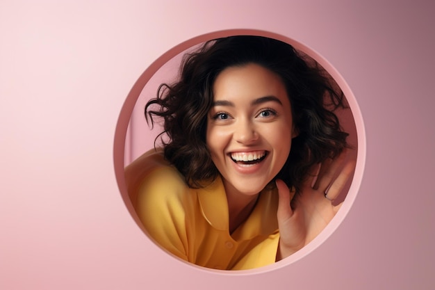 A woman or girl smiles against a pastel background with holes in advertising style