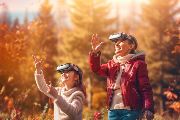 A woman and a girl wearing vr headsets look up at the sky