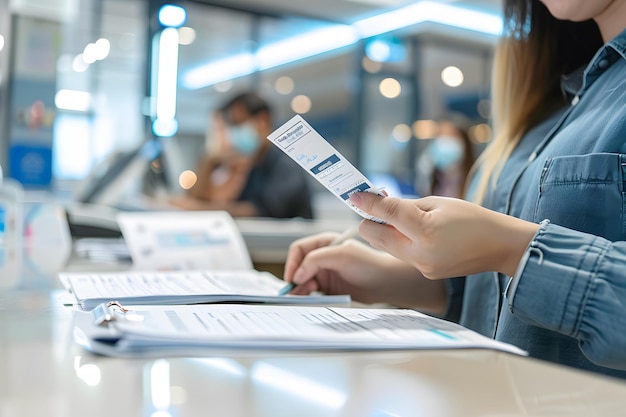 Foto donna che consegna la carta di assicurazione sanitaria alla receptionista alla reception dell'ospedale assicurazione sanitaria