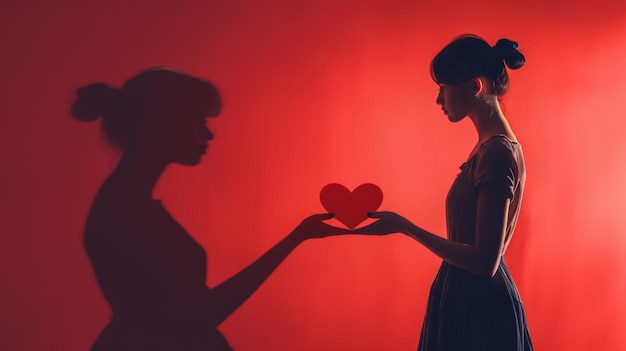 Woman Giving a Heart to Her Own Shadow Concept of Self Love I Love Myself