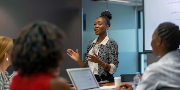 Photo a woman giving a presentation to her colleagues in a conference room