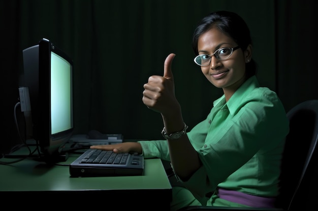 A woman giving a thumbs up in front of her computer