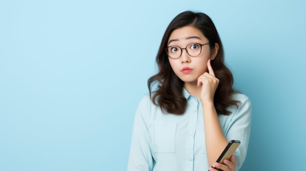 Photo woman in glasses holding cell phone