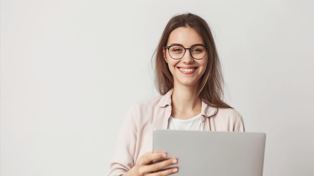 Woman in glasses holding laptop computer