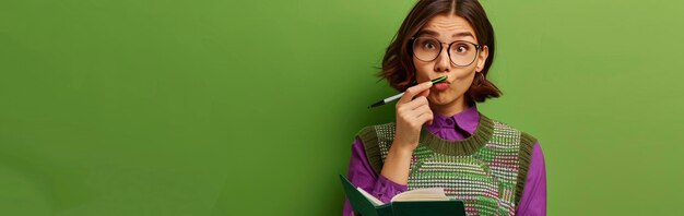 A woman in glasses holds an open notebook and pen wearing a sweater vest over her purple shirt