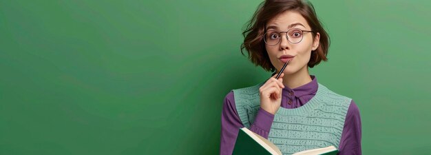 A woman in glasses holds an open notebook and pen wearing a sweater vest over her purple shirt