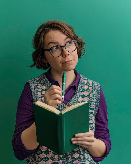 A woman in glasses holds an open notebook and pen wearing a sweater vest over her purple shirt