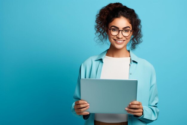 a woman in glasses holds a piece of paper with a blue background