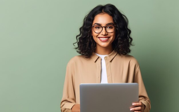 A woman in glasses is holding a laptop and smiling with a green background