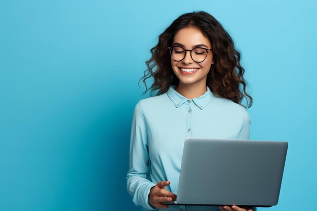 Foto una donna con gli occhiali tiene un portatile e sorride