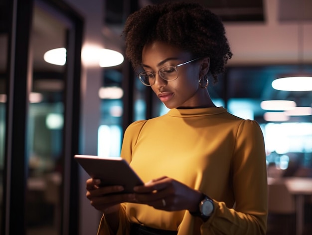 A woman in glasses is looking at her phone and looking at her phone.