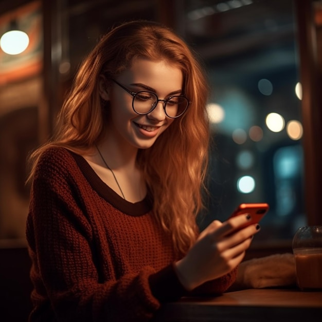 a woman in glasses is looking at her phone and smiling
