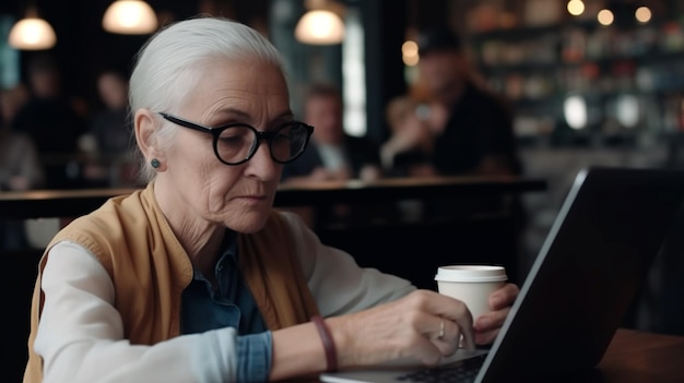 Photo a woman in glasses is sitting at a table with a laptop and a cup of coffee