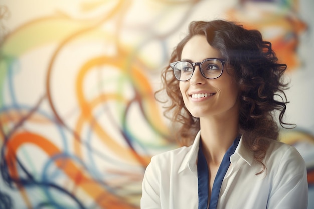 Photo a woman in glasses is standing in front of a colorful painting