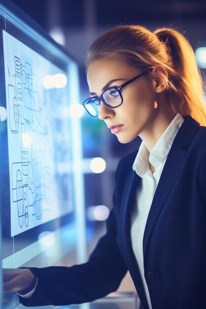 Photo a woman in glasses looking at a display screen with the words  dope  on the screen