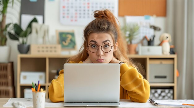 Foto una donna con gli occhiali che guarda il suo portatile