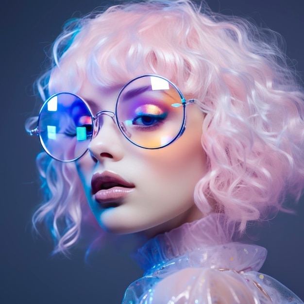 Woman in glasses portrait in electric dreamscape style pop inspo isolated on white background