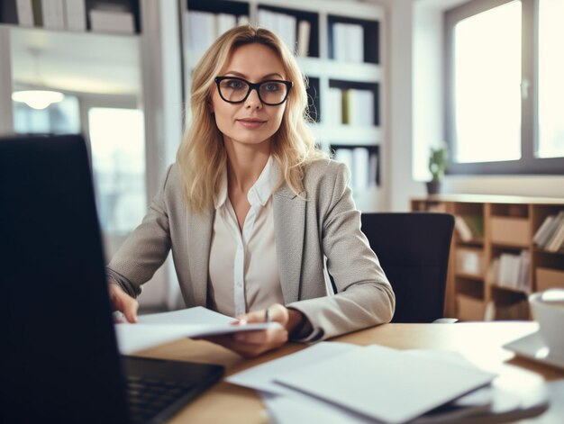 A woman in glasses sits at a desk in front of a laptop.