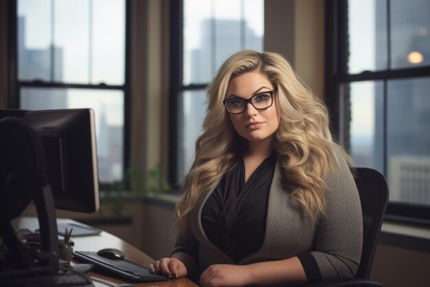 Foto una donna con gli occhiali seduta alla scrivania davanti a un computer