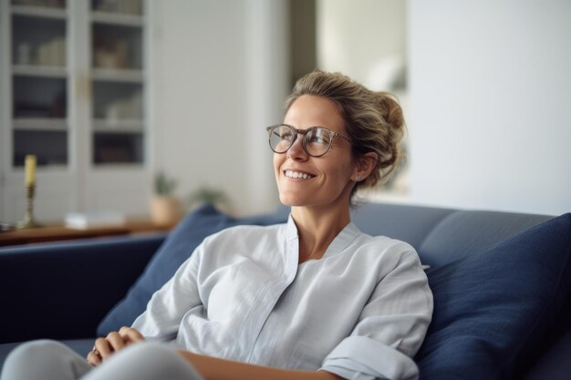 Photo woman in glasses sitting on a gray couch in her living room